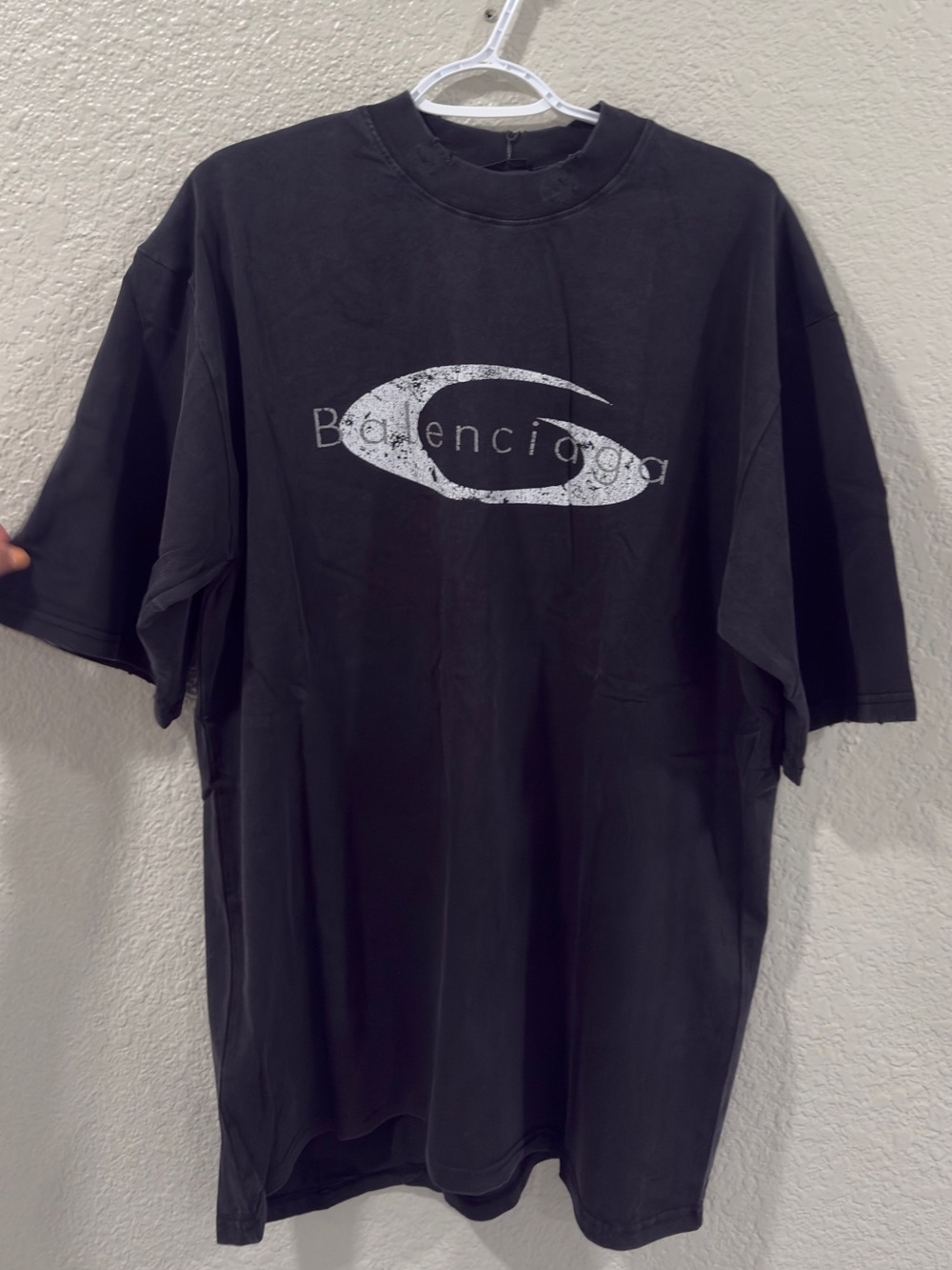Balenciaga Black T-Shirt with Distressed White Logo large like XL